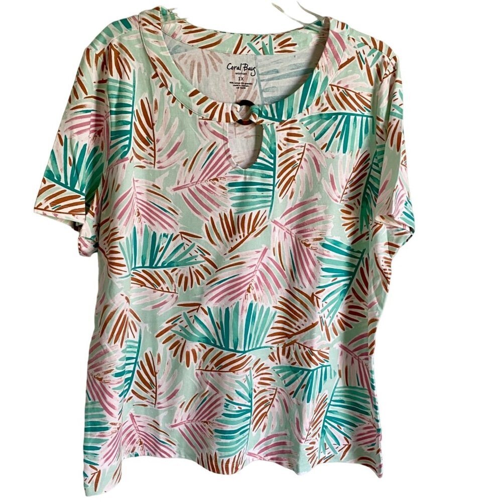 Coral Bay Palm Fronds Print O Ring Keyhole Short Sleeve Top Women's XL NEW